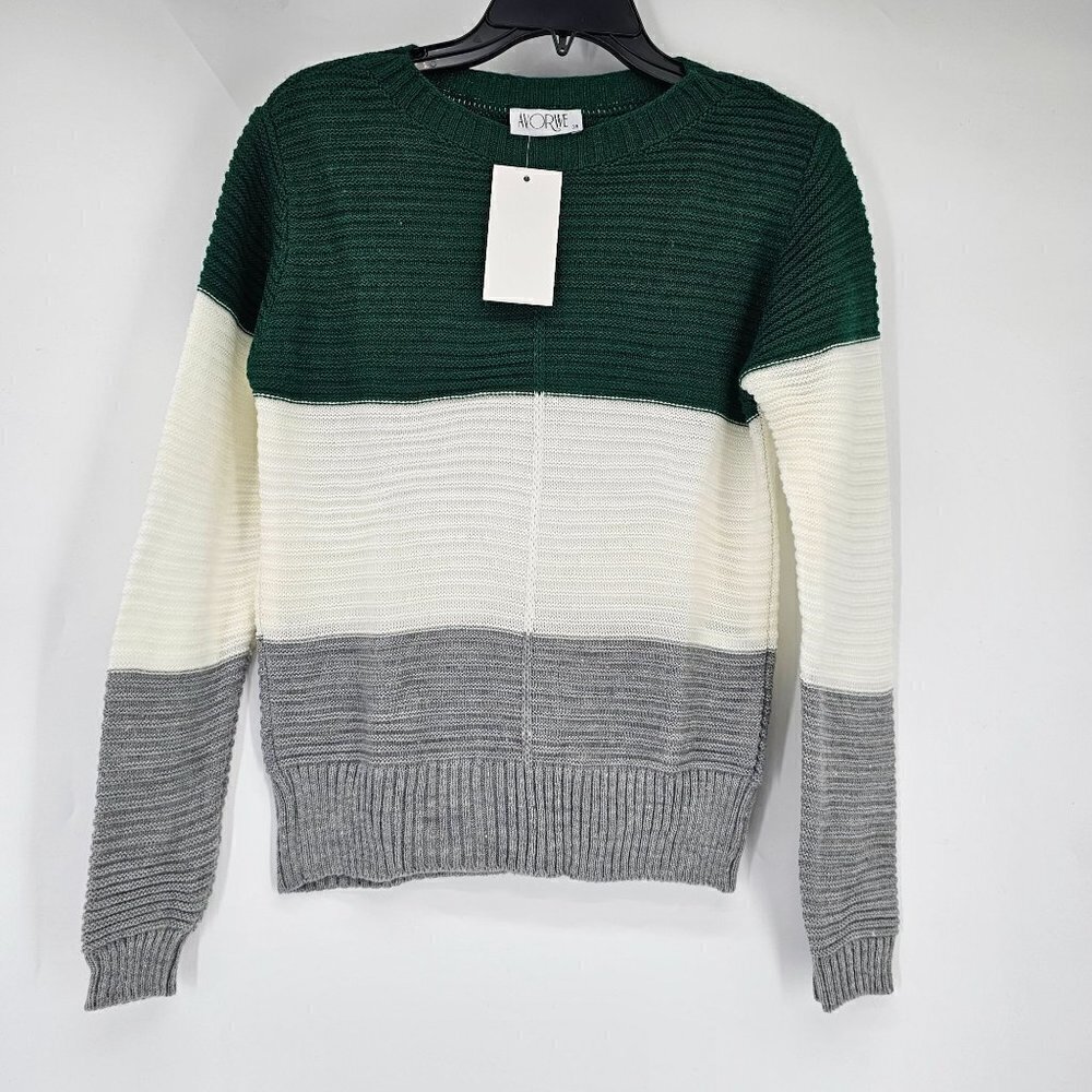 AVORWE Gray & Green Color Block Wool-Blend Crewneck